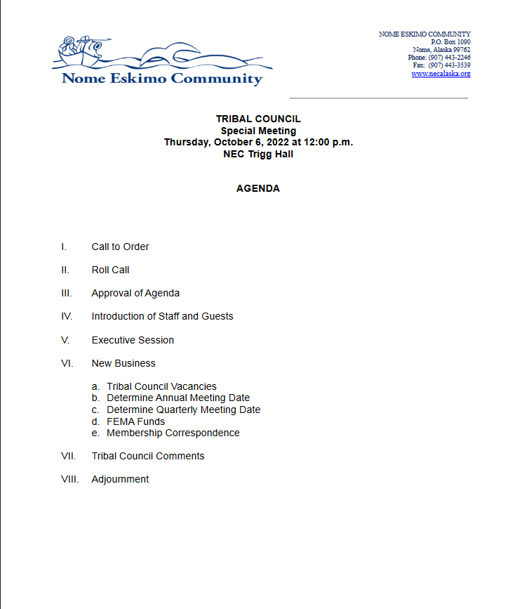TRIBAL COUNCIL Special Meeting